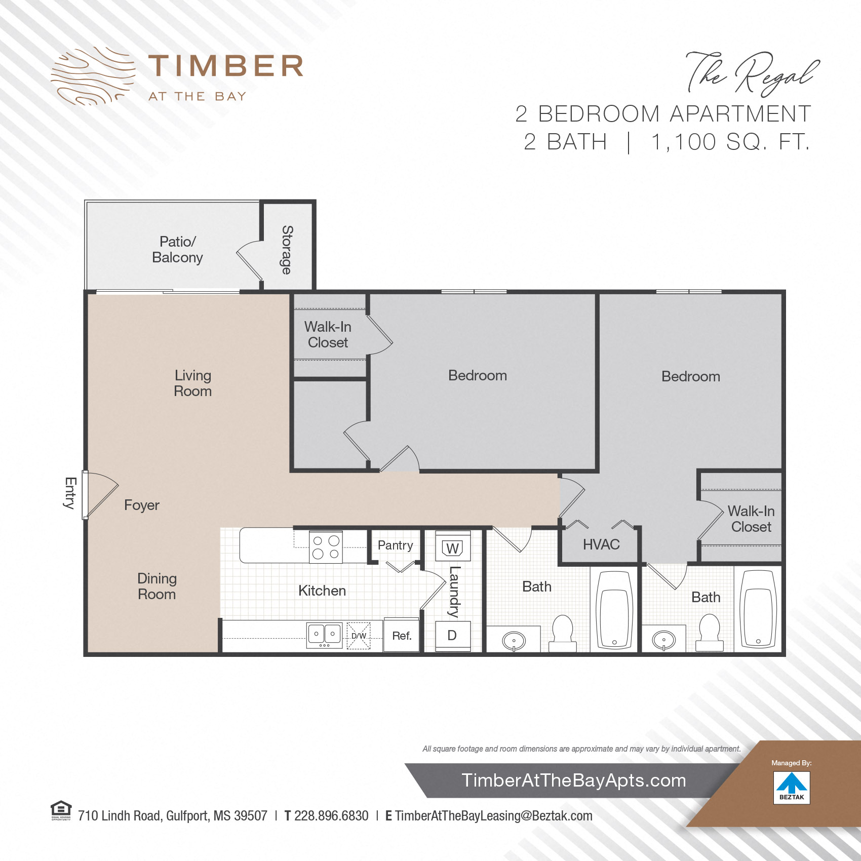 Floor plan for 2 beds, 2 baths, 1100 sqft